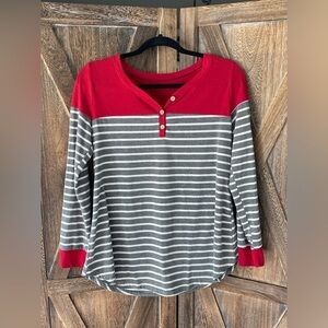 Red, White, Gray Stripe Long Sleeve Henley Top Shirt Fall Winter